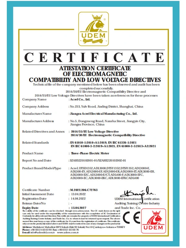 adl300 dtsd1352 three phase energy meter emc lvd certificate