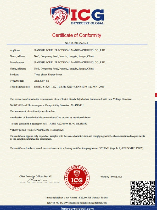 adl400n ct three phase energy meter lvd emc certificate