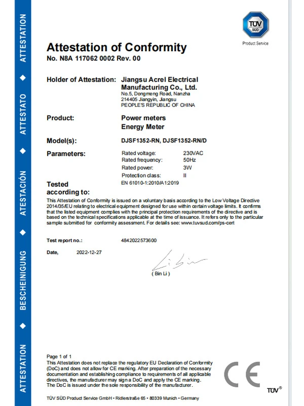 djsf1352 rn static dc energy meter ce lvd certificate