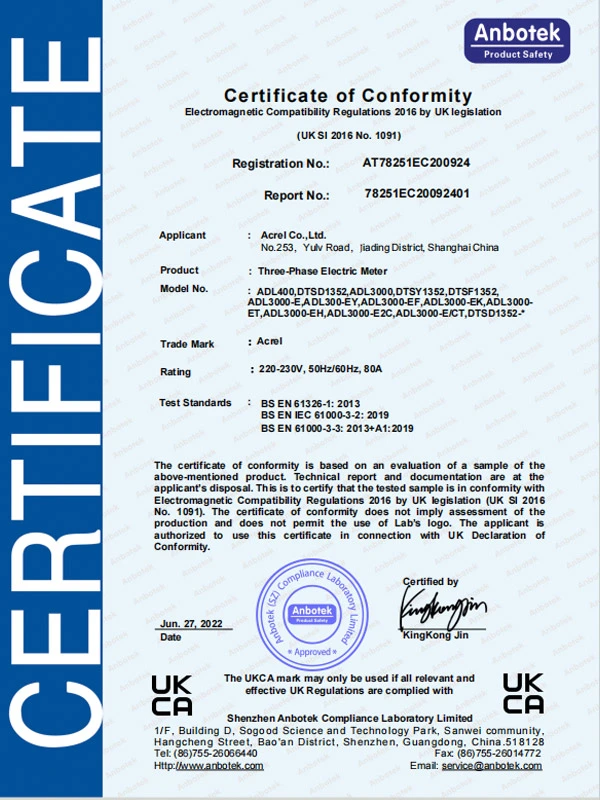 adl400 series three phase electric meter ukca emc certificate