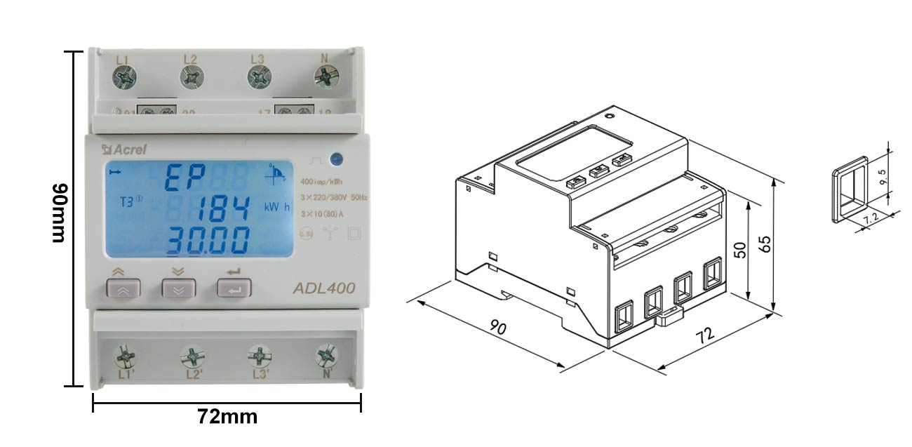 Acrel Adl400 Smart Energy Meter Outline Dimension Direct Connect Type